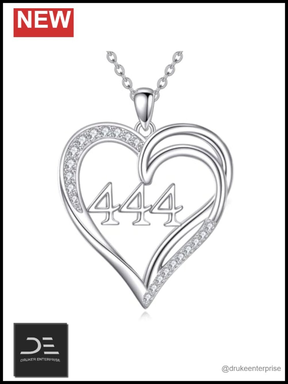 925 Sterling Silver Angel Number 444 Necklace Heart Pendant Jewelry Gift for Mom